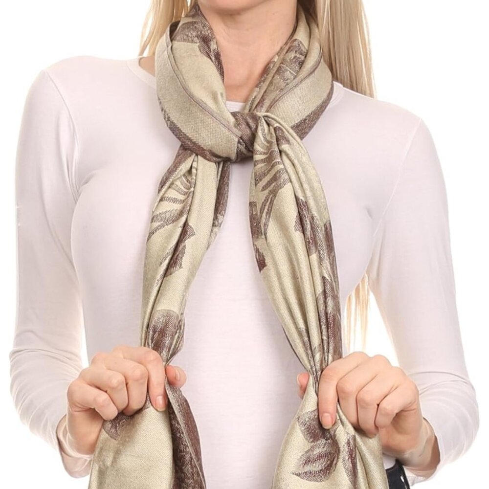 NEW LADIES SAKKAS PASHIMA BEIGE BROWN ROSES LEAVES SHAWL WRAP STOLE WITH FRINGE